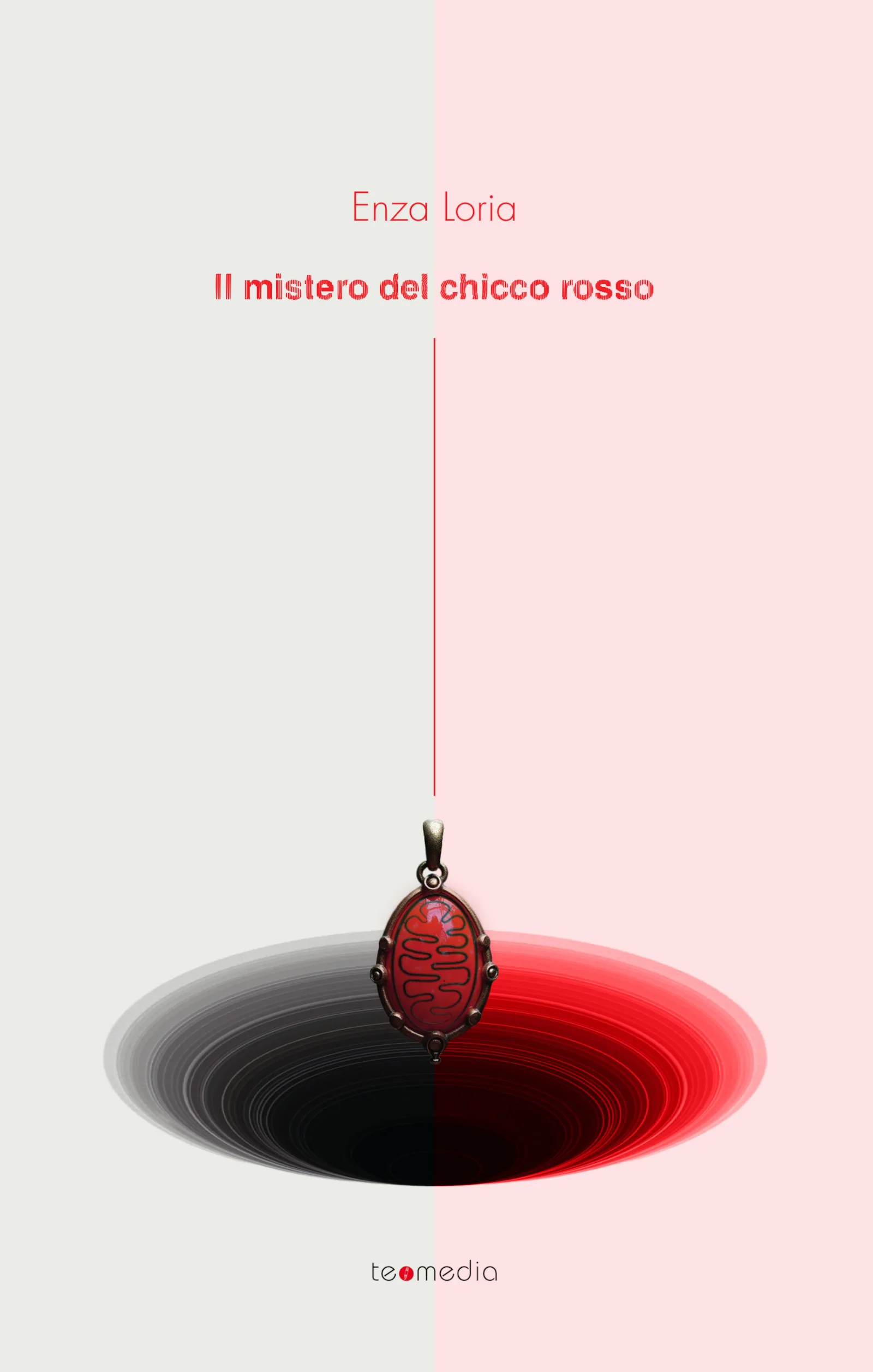Copertina di Il mistero del chicco rosso: un ciondolo con una pietra rossa a forma di mitocondrio sospeso sopra un vortice nero e rosso, su fondo diviso grigio e rosa.