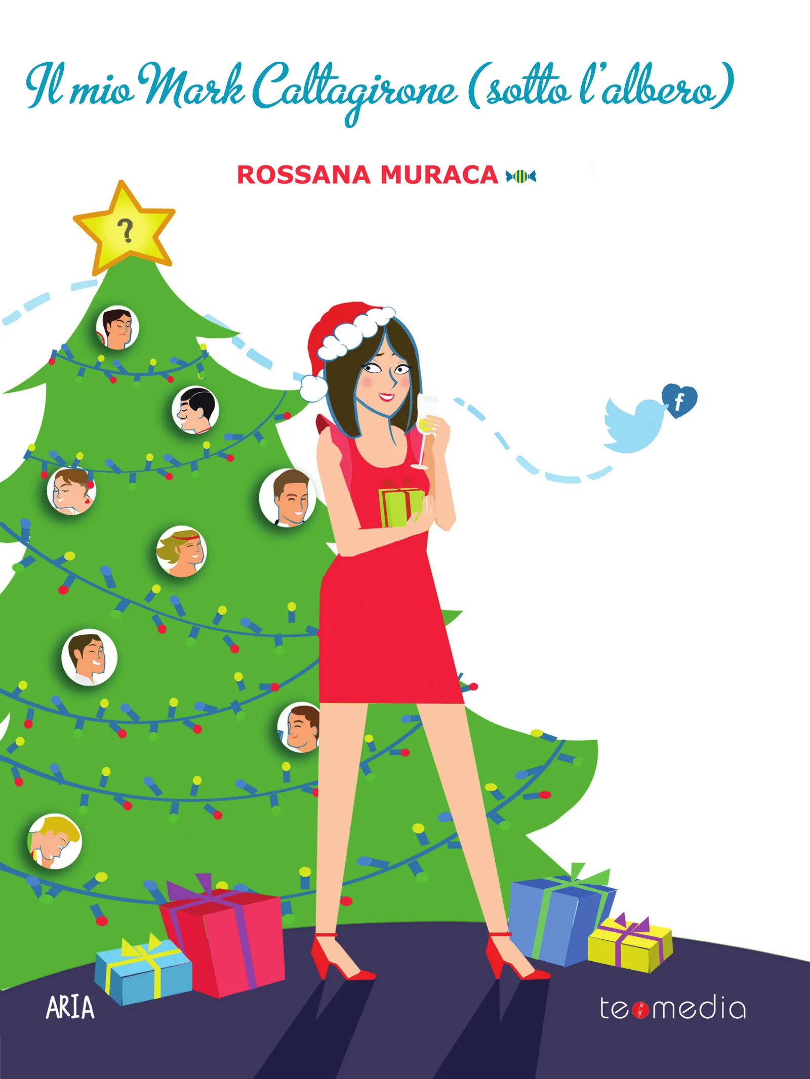 Copertina di Il mio Mark Caltagirone (sotto l’albero): una ragazza in abito rosso e cappello di Babbo Natale accanto a un albero decorato con i volti di diversi uomini